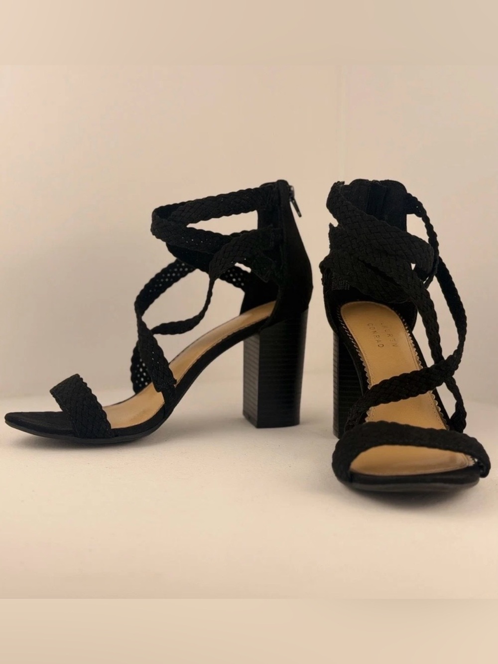 LC Lauren Conrad Women Black Braided Strappy Block Heel Sandals Size 8.5